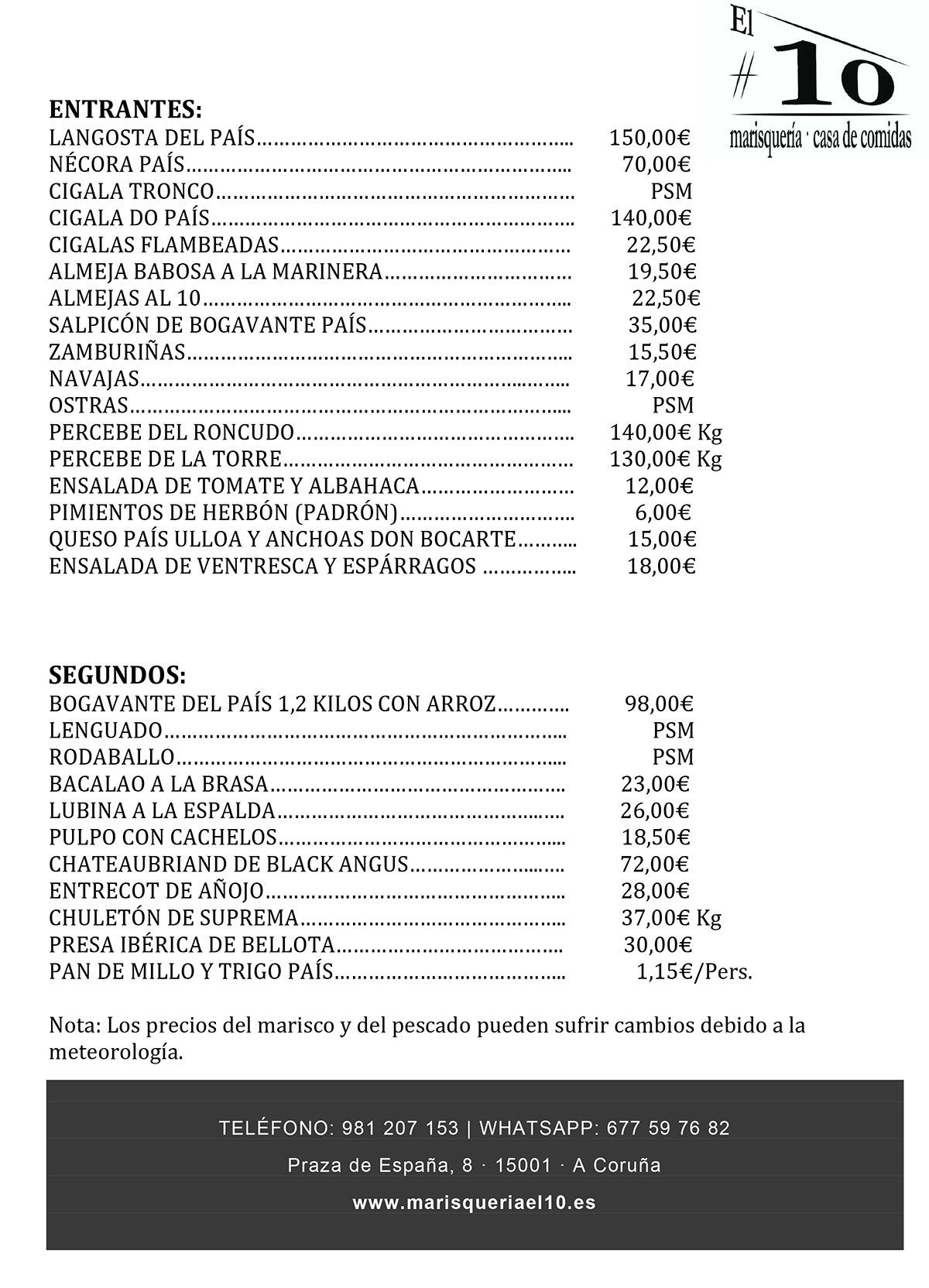 Carta el 10 Marisquería Coruña